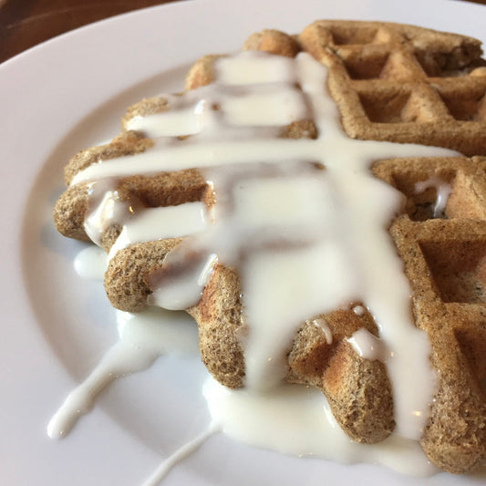 Cinnamon Roll Protein Waffles! recipe We're pretty excited about the newest addition to the Karma family; Waffles! AND not just regular waffles, but protein waffles... 7g per waffle! Made from all organic plant-based protein powders. We use the cleanest a